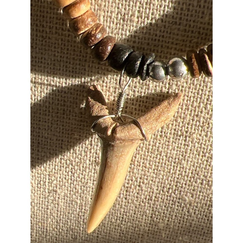 Wood Beaded Necklace with Shell Pendant -- 18"